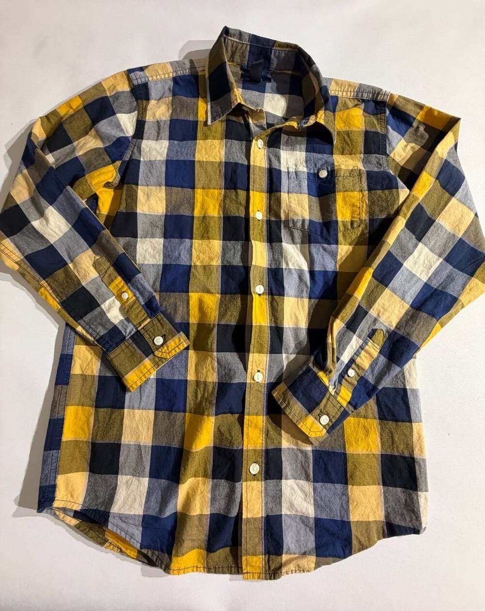 Gap Kids Yellow Navy Plaid Long Sleeve Button Up Shirt Size XXL